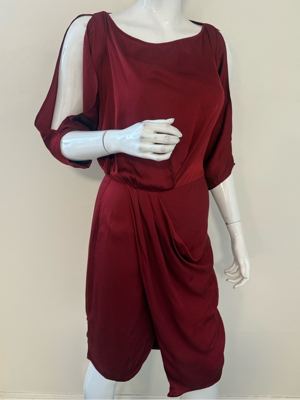 All Saints Sina Burgundy Draped Satin Midi Dress Dolman Sleeves & Cold Shoulders
